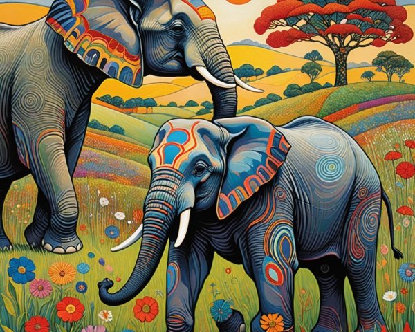 Elephants in a Colorful Landscape with Flowers and Hills
