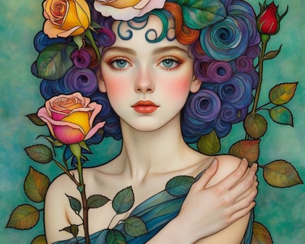 Portrait of a Young Woman with Floral Elements