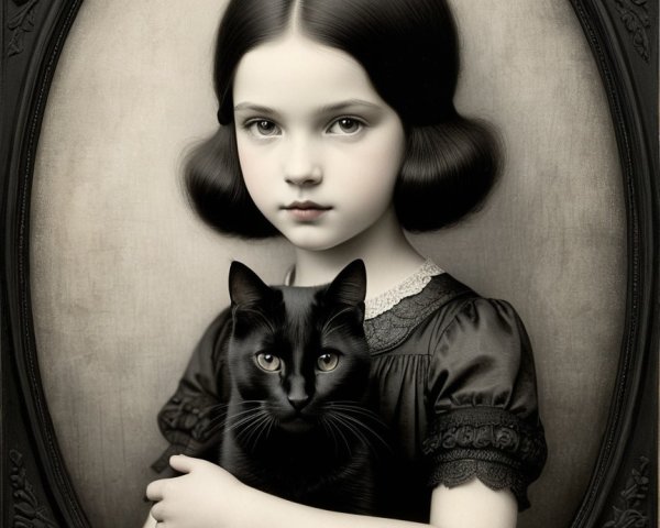 Young girl in black dress with cat in oval frame