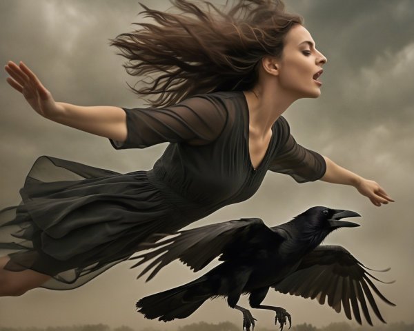 Woman in Dark Dress Soars Through Stormy Sky