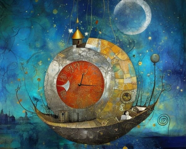 Surreal Scene with Floating Clock and Celestial Elements