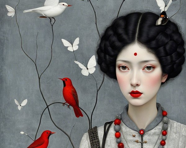 Serene Portrait of Young Woman with Nature Elements