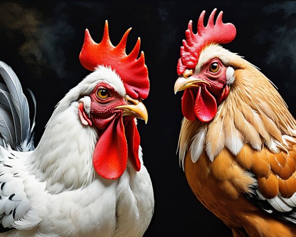 Close-up of Two Colorful Roosters on Dark Background