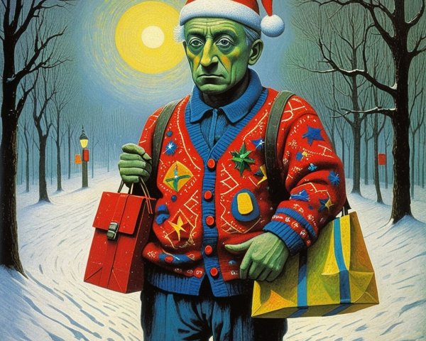 Green-Skinned Figure in Festive Holiday Scene