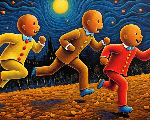 Whimsical Painting of Characters in a Starry Field