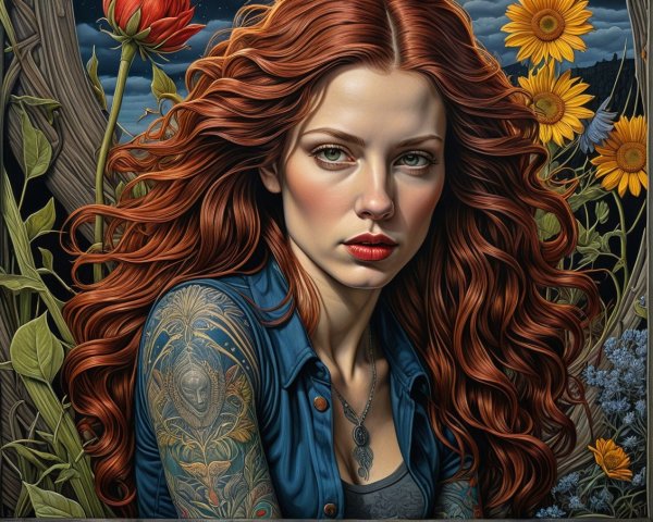 Portrait of a woman with red hair and tattoos in twilight