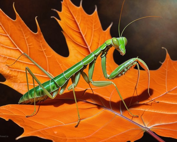 Green Praying Mantis on Orange Autumn Leaf