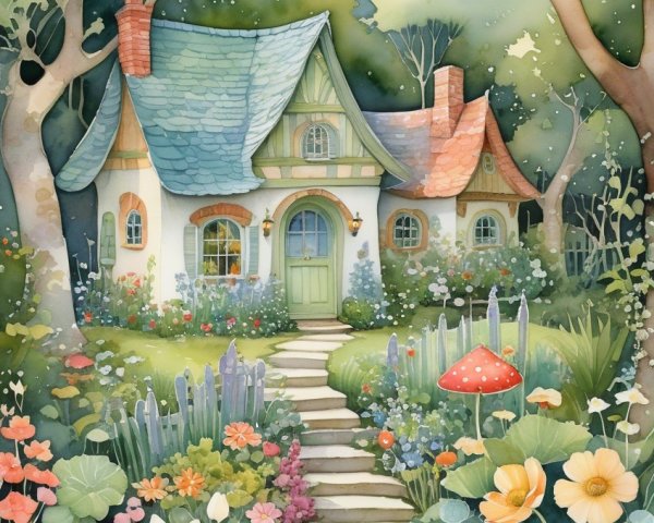 Whimsical Cottage Surrounded by Lush Gardens and Trees