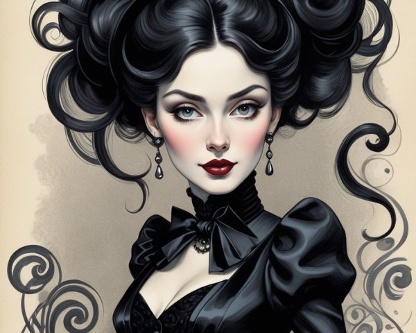 Elegant Woman in Black Gown with Dramatic Makeup