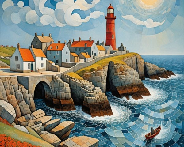 Coastal Scene with Lighthouse and Colorful Poppies