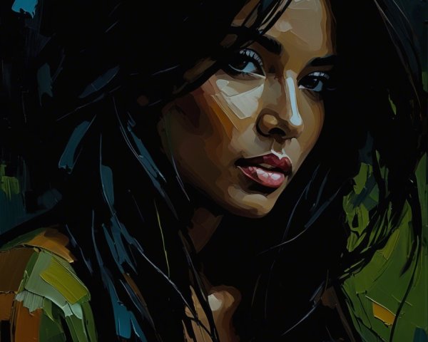 Portrait of a woman with dark hair and expressive eyes