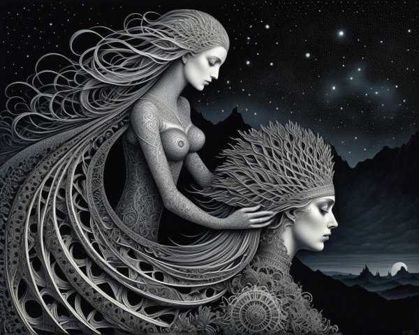 Ethereal Figures with Flowing Hair in Starry Night