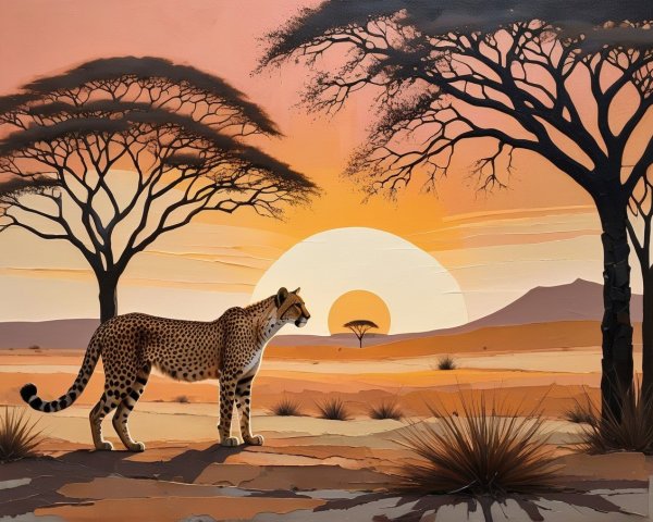 Stylized Cheetah on Savannah at Sunset Background