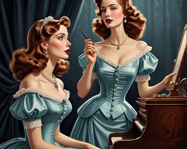 Elegant Women in Vintage Blue Gowns by Piano