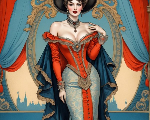 Glamorous Woman in Historical Gown with Cape