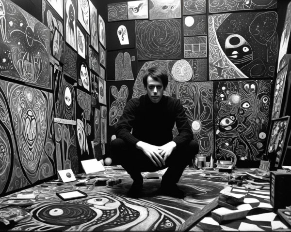 Monochrome Room with Abstract Art and Intricate Patterns