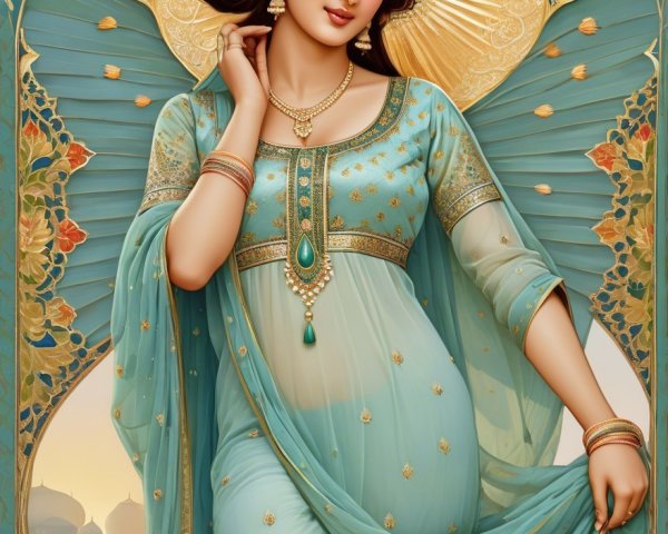 Graceful woman in light blue outfit with gold details