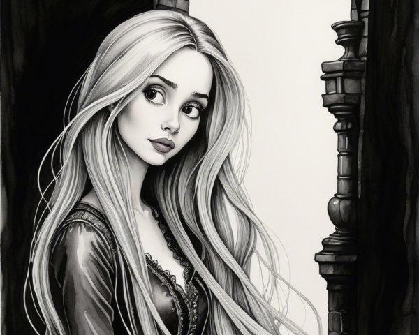 Black and White Illustration of Thoughtful Young Woman