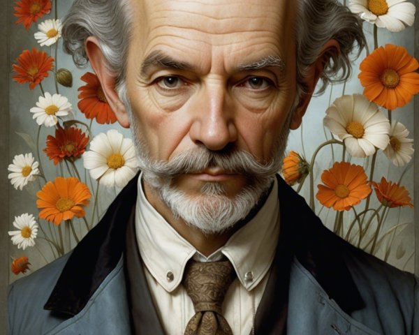 Gentleman in Blue Suit Surrounded by Colorful Flowers