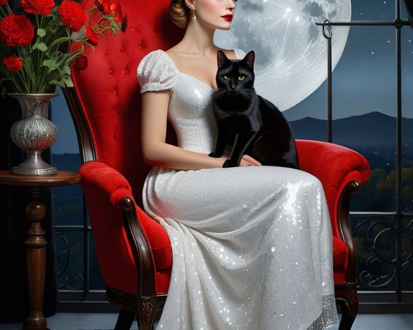 Woman in White Gown with Cat in Elegant Setting