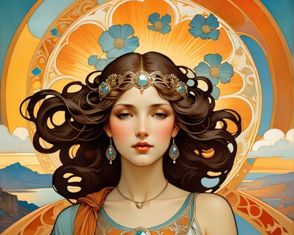 Serene Woman with Dark Hair and Floral Patterns