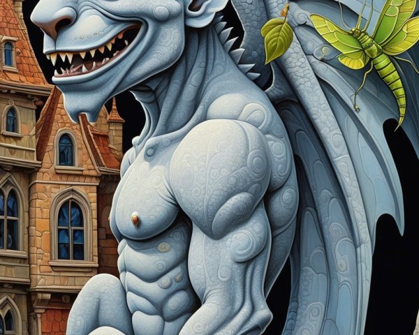 Stylized Blue Gargoyle on Gothic Building Ledge