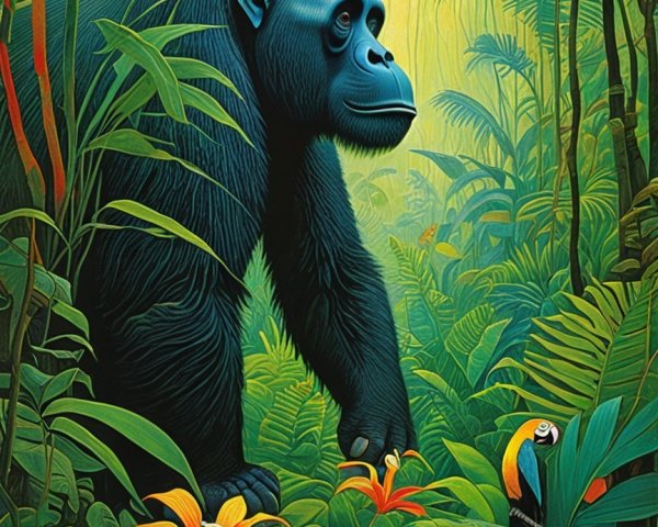 Majestic gorilla in a vibrant jungle setting