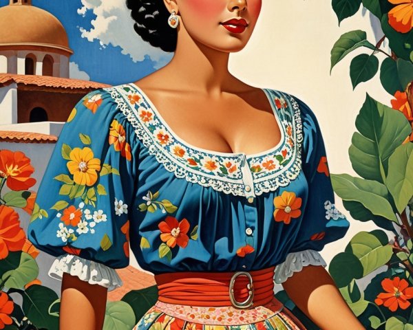 Woman in Vibrant Traditional Dress Surrounded by Nature