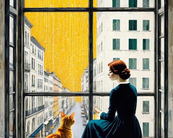 Woman in Dark Dress with Cat by Rainy Window