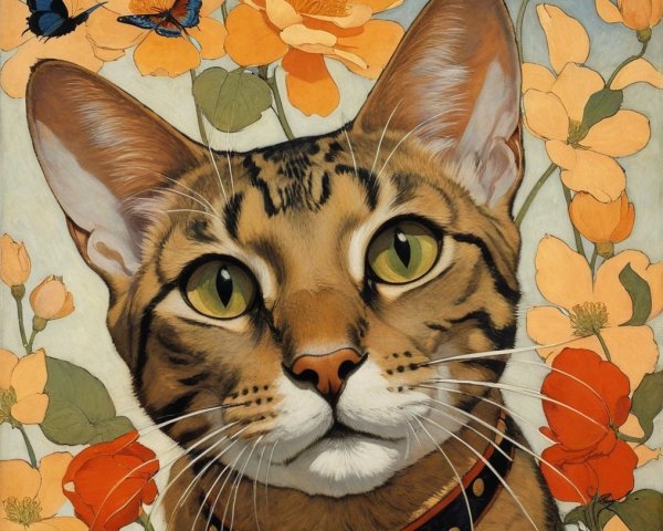 Close-up of a spotted cat with green eyes and flowers