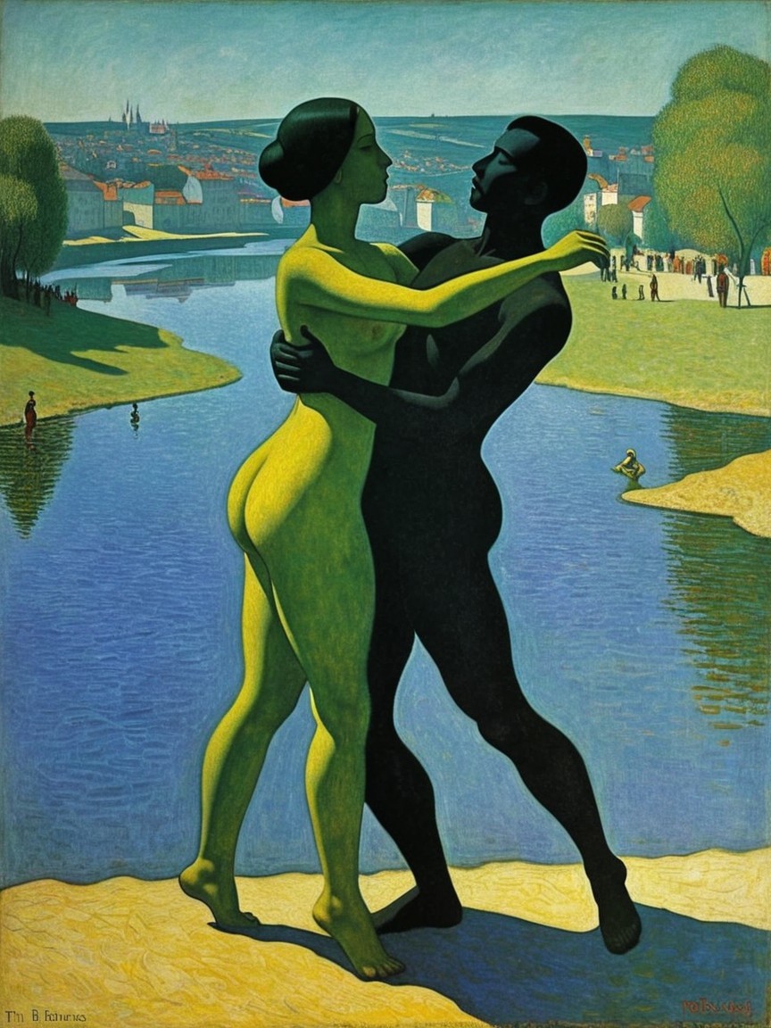 Figures Embracing by a Serene Body of Water