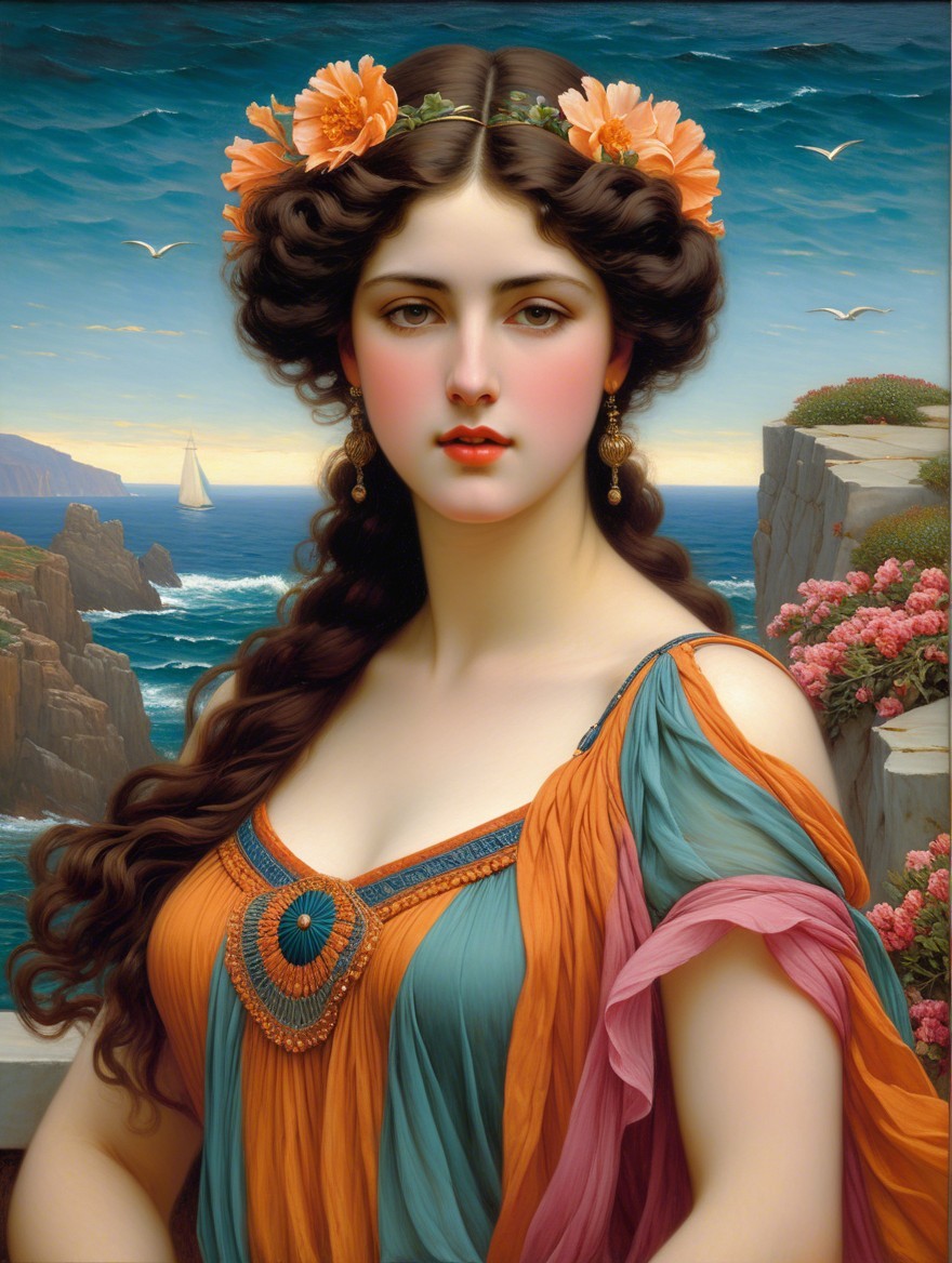 Young Woman in Colorful Dress by Ocean and Cliffs