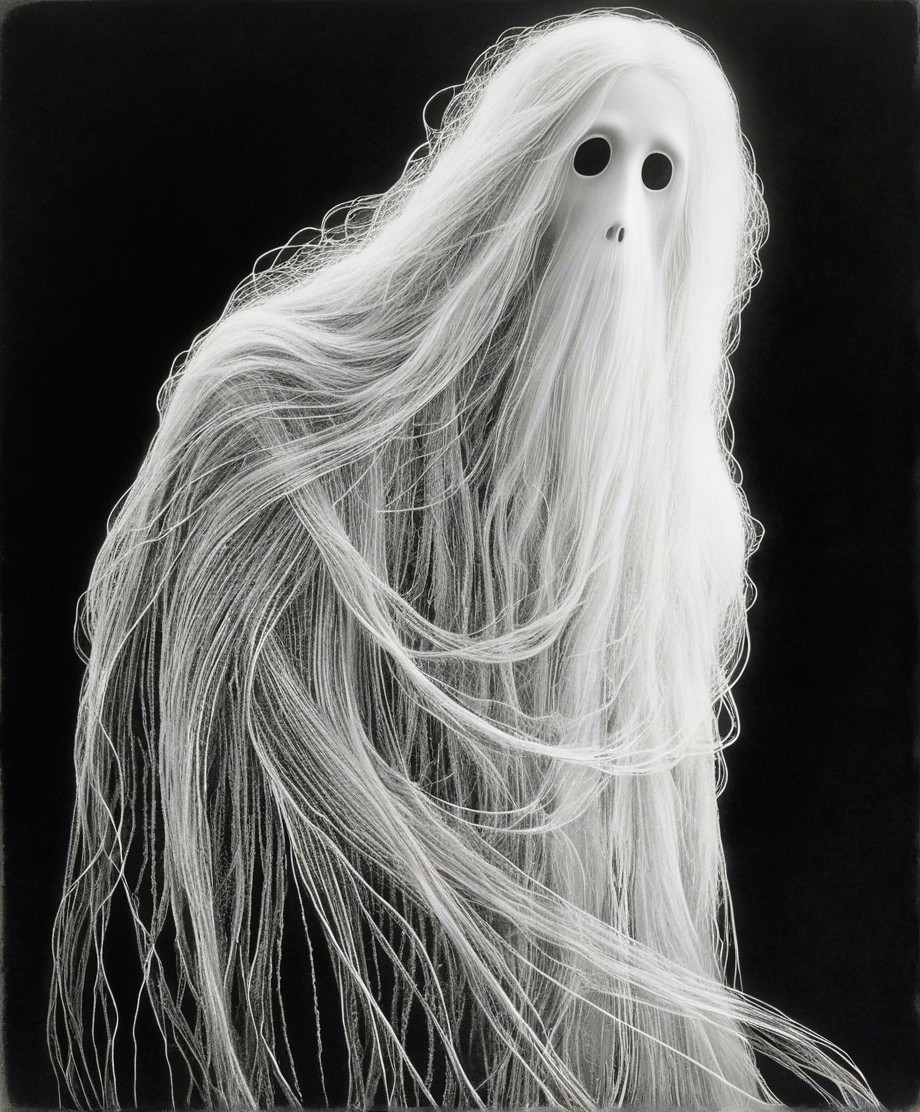 Ghostly Figure with White Hair and Dark Eyes
