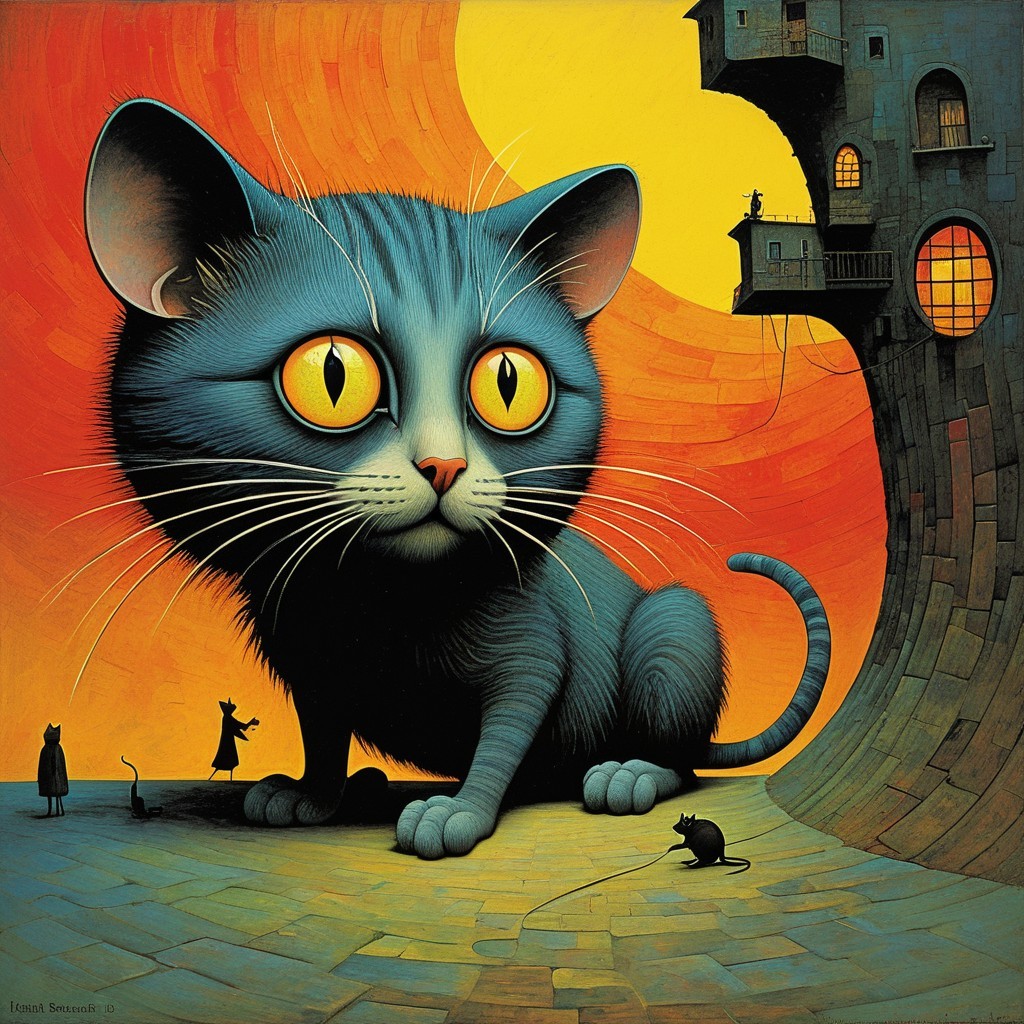 Large Blue Cat Against Vibrant Sunset Cityscape