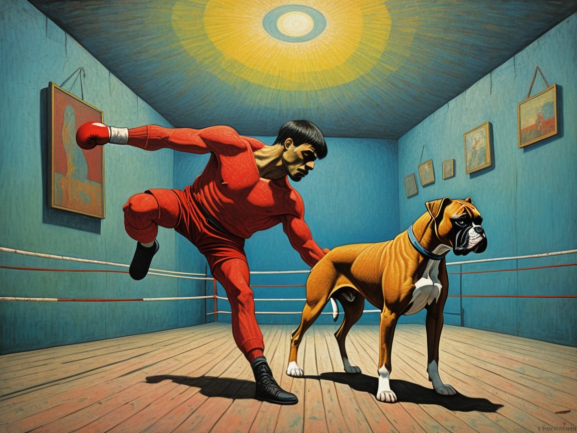 Boxer and Dog Play in Colorful Gym Setting