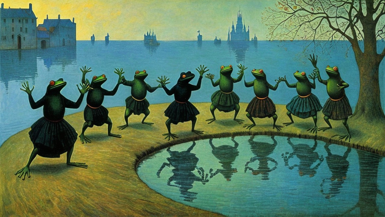 Frogs in Skirts Dancing by a Serene Twilight Pond