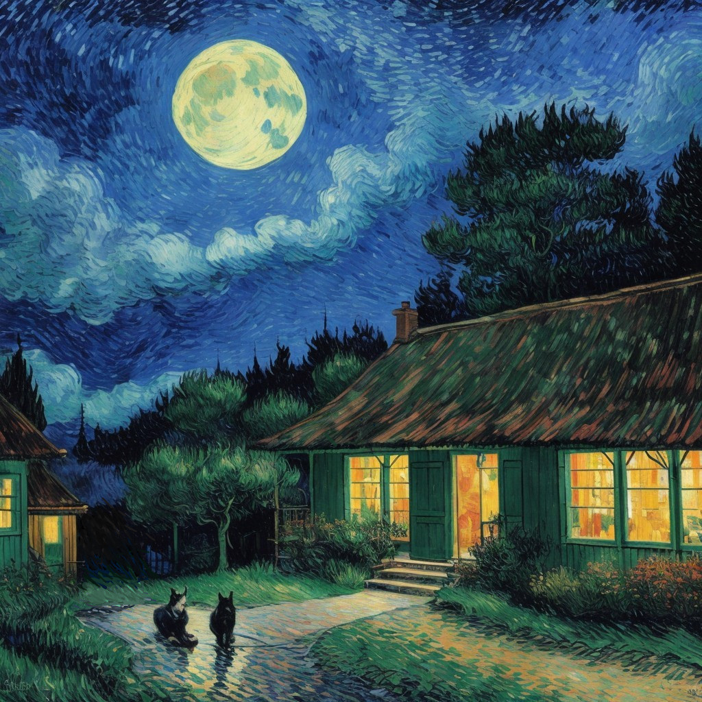Full Moon Night: Cottage, Cats, and Starry Sky