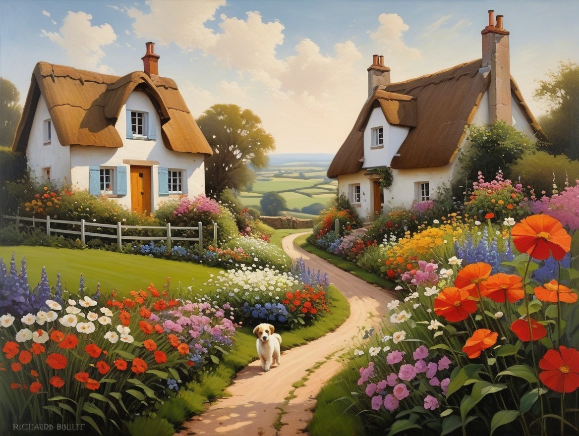 Thatched-Roof Cottages with Flower Gardens and Hills