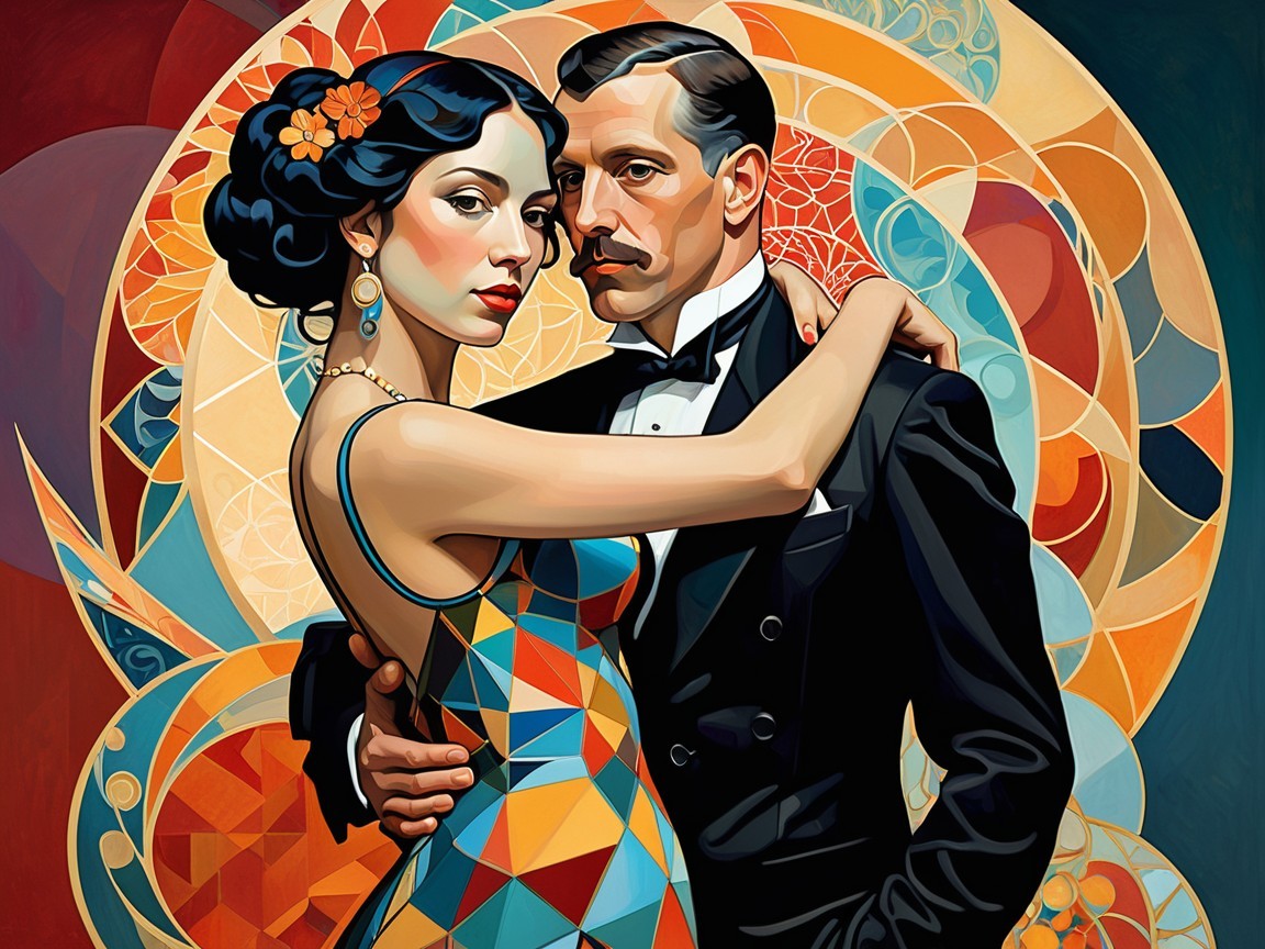 Glamorous Couple in Vibrant Geometric Setting