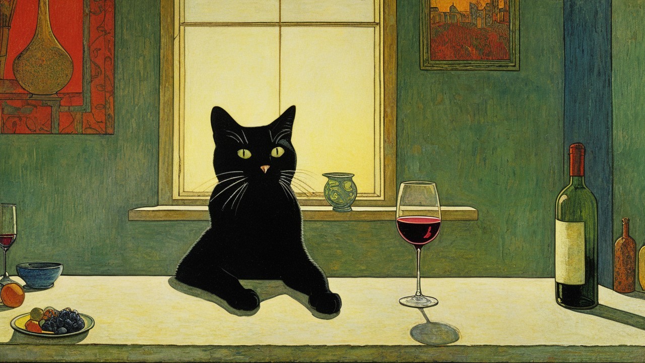 Black Cat and Wine in a Cozy Room Setting
