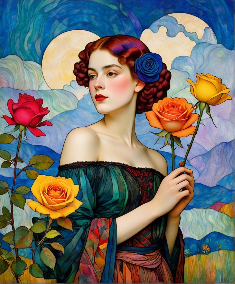 Young woman with auburn hair and colorful roses