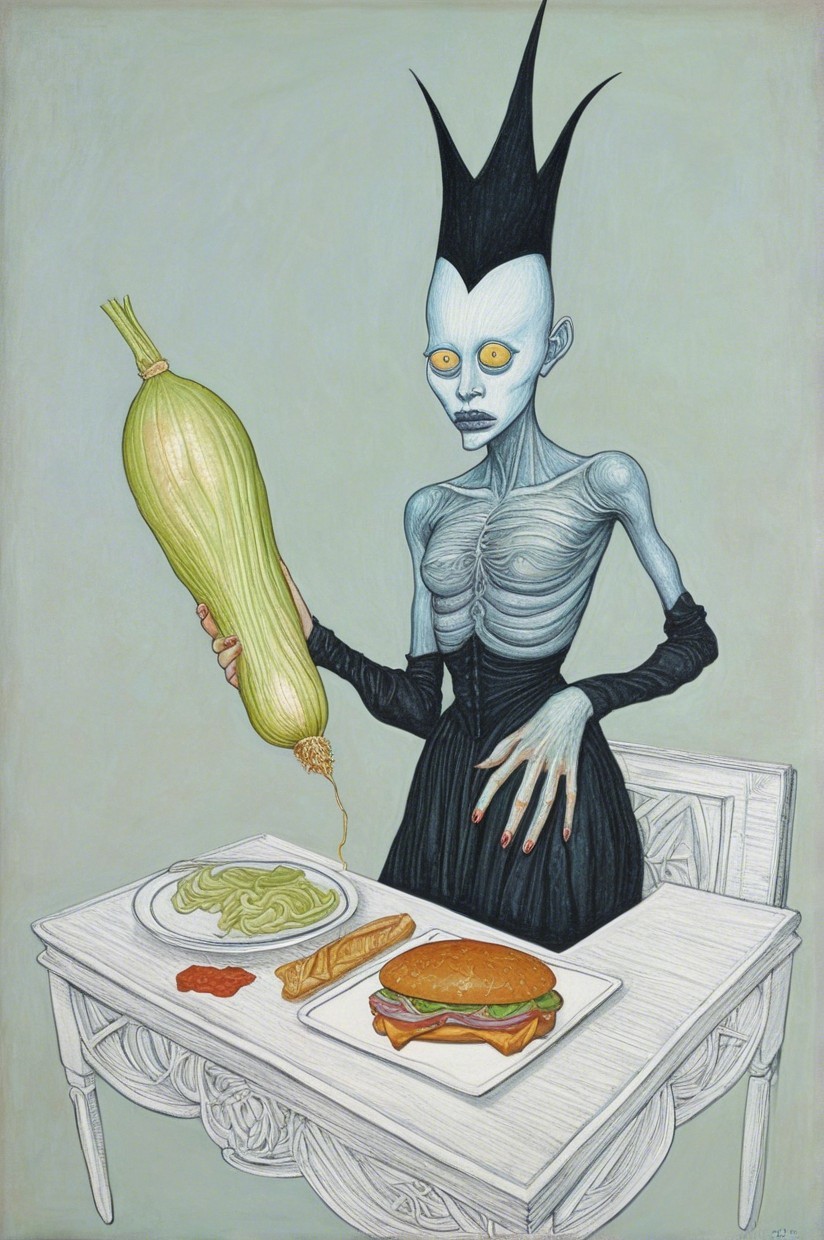 Tall Figure with Squash at Table of Diverse Foods