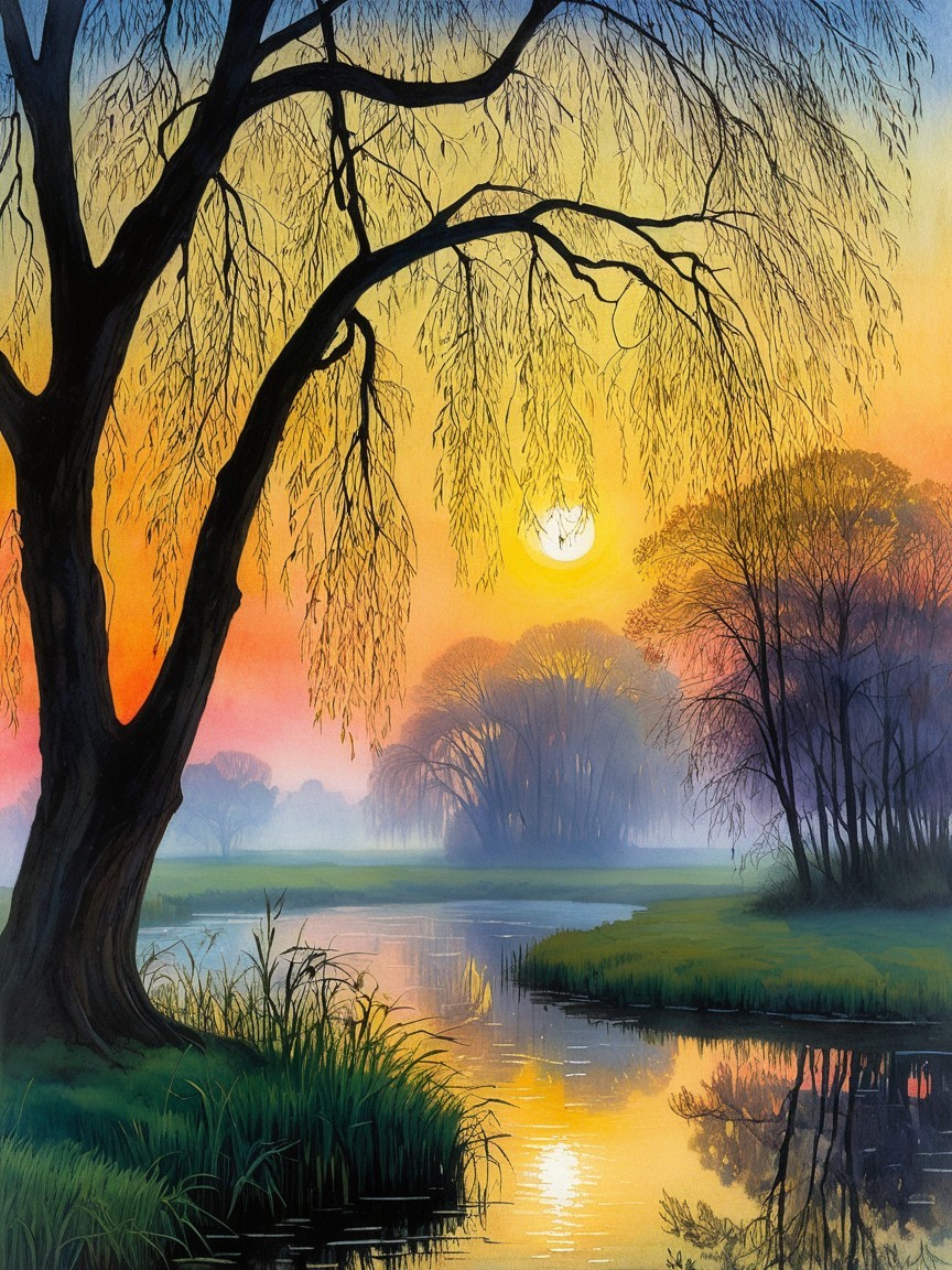 Serene Dusk Landscape with River and Silhouetted Trees