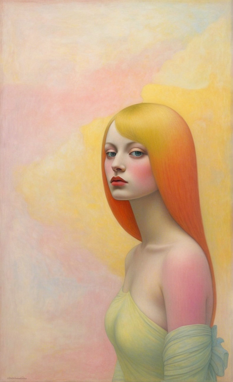 Young woman with flowing hair in pastel colors