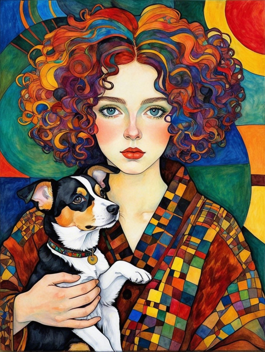 Colorful Illustration of Girl with Dog and Patterns