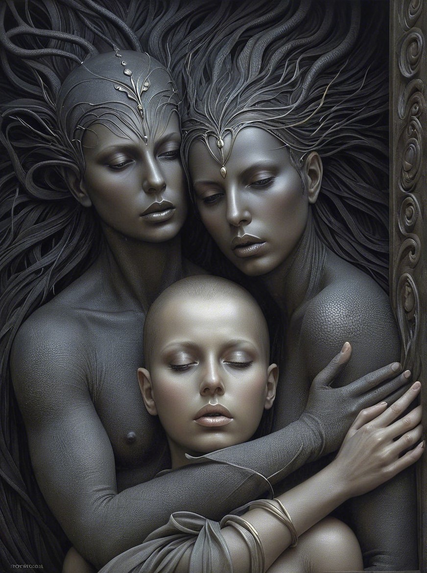 Ethereal Figures with Stone-Like Texture and Hair