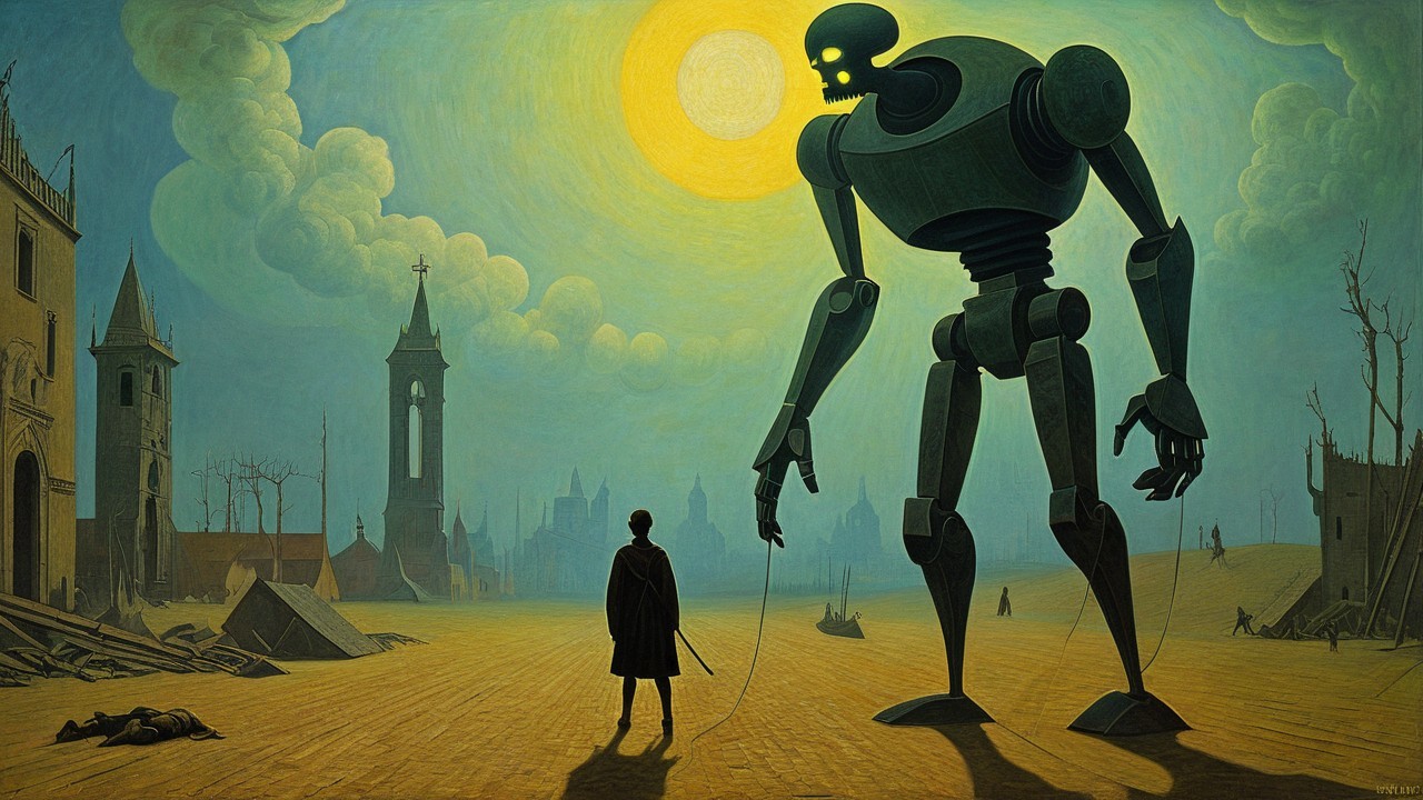 Surreal Landscape with Towering Robot and Desolation