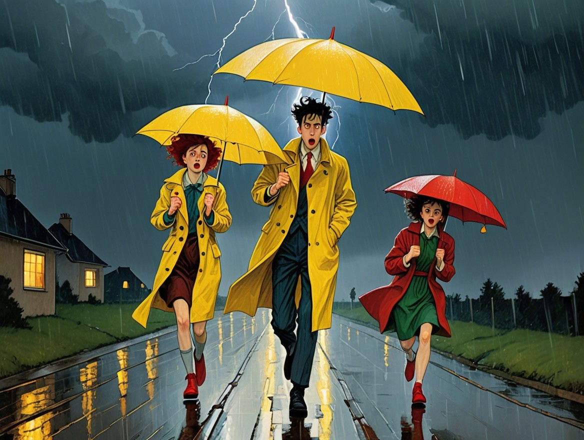 Three figures with umbrellas on a rainy road