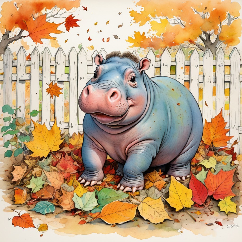Cartoon Hippopotamus in Vibrant Autumn Landscape