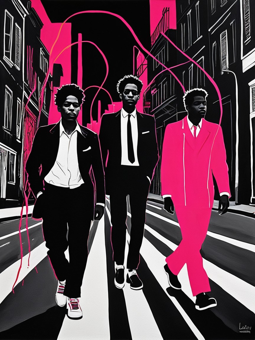 Stylish Figures in Suits Against Bold Pink Background
